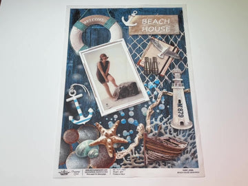 A 14 second video of a close-up and backside of Decoupage Queen's Beach House Memories A3 rice paper is against a white background.