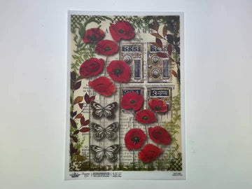 A 14 second video shows a close-up and backside of Decoupage Queen's Urban Poppies A4 vellum decoupage paper against a white background.