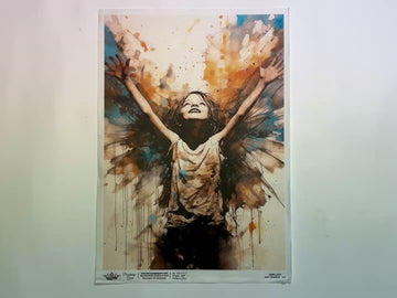 A 13 second video shows a close-up and backside of Decoupage Queen's Andy Skinner Joy A4 rice paper against a white background.