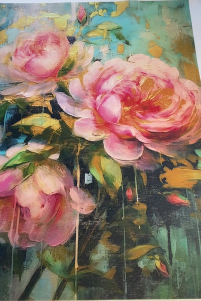 A 14 second video shows a close-up of ReDesign with Prima's Bold Blooms A1 fiber paper. A hand is shown going over and lifting the bottom right corner to show the backside of the paper.