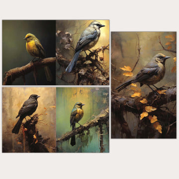 Tissue paper that features 5 designs of birds perched on branches against dark rustic backgrounds are against a white background.