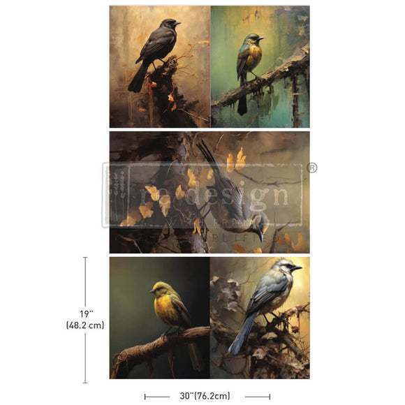 ReDesign with Prima's Avian Dreamscape tissue paper is against a white background. Measurements for 1 sheet reads: 19" (48.2 cm) by 30" (76.2 cm).