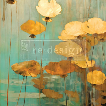 A1 fiber paper design featuring sepia colored lotus flowers standing tall in teal water.
