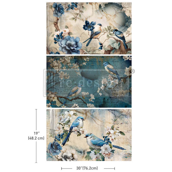 Three sheets of ReDesign with Prima's Sapphire Wings tissue paper are against a white background. Measurements for 1 sheet reads: 19" (48.2 cm) by 30" (76.2 cm)