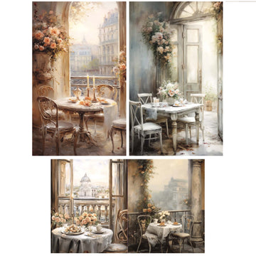 Three sheets of tissue papers against a white background feature stunning views through balcony windows, complete with charming dinner settings.