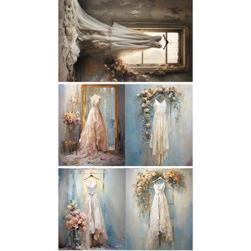 Three sheets of tissue paper against a white background that feature five unique white wedding gown designs against shabby chic backdrops with flowers.