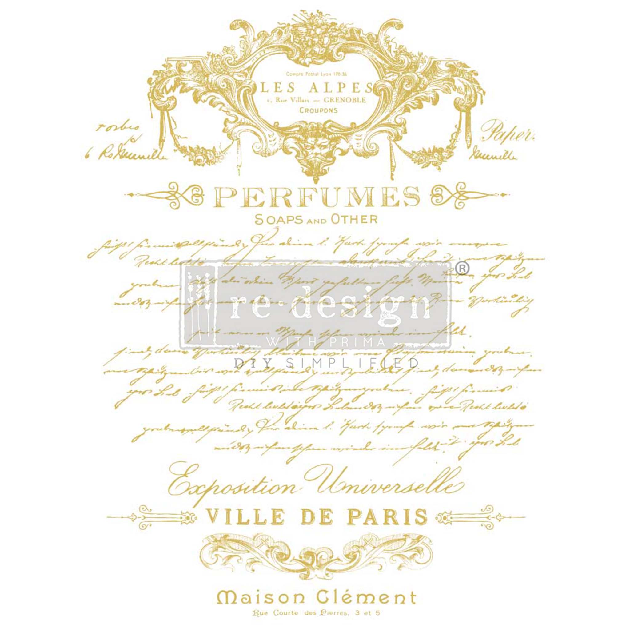 Gold foil design that features script writing about French perfumes and soaps.