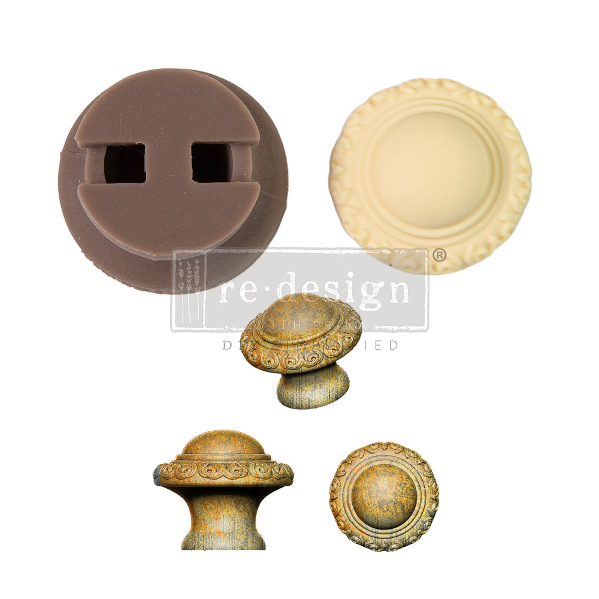 A brown silicone mold, cream-colored resin casting, and 3 views of gold-colored castings of a drawer knob with an ornate border are against a white background.