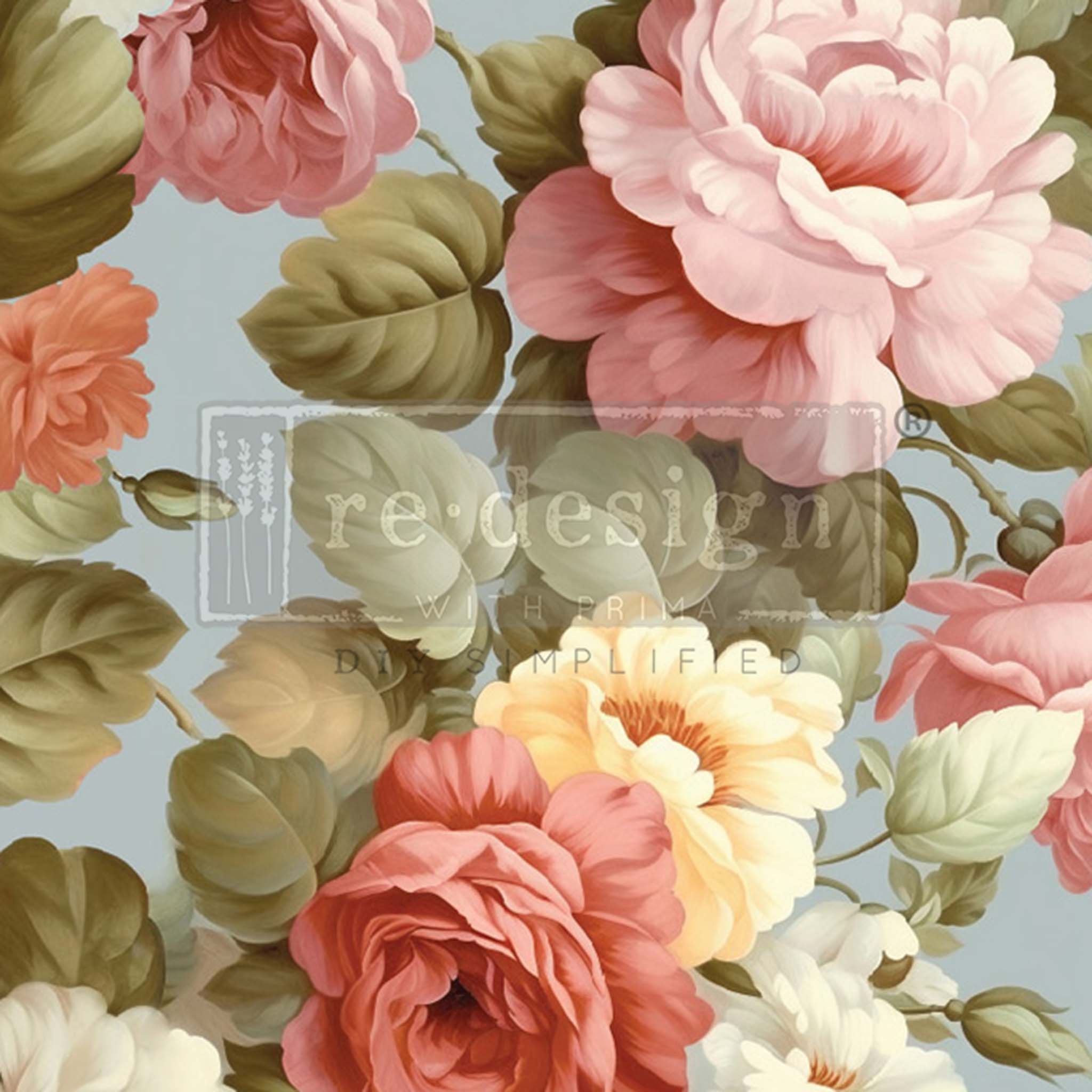 Close-up of an A1 fiber paper design featuring large mauve and cream colored roses on a soft blue background.