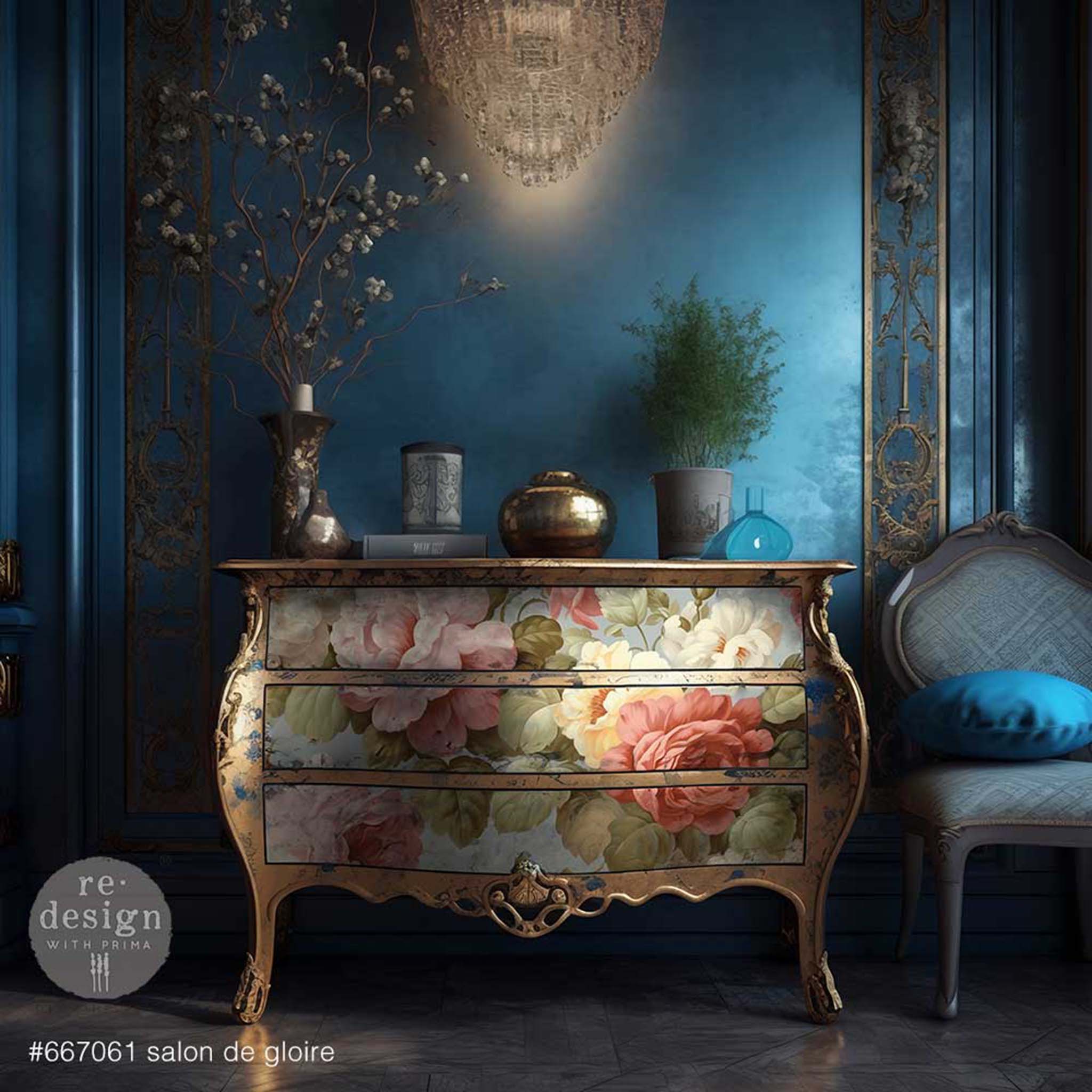 A vintage Bombay style dresser is painted gold with blotches of blue and features ReDesign with Prima's Salon de la Gloire A1 fiber paper on its 3 drawers.