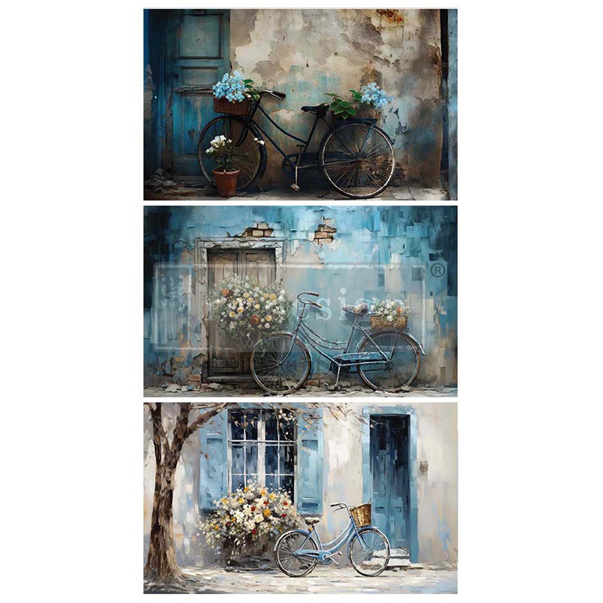 Tissue paper designs that feature 3 charming designs of blue bicycles against romantic home scenes. White borders surround the 3 papers.