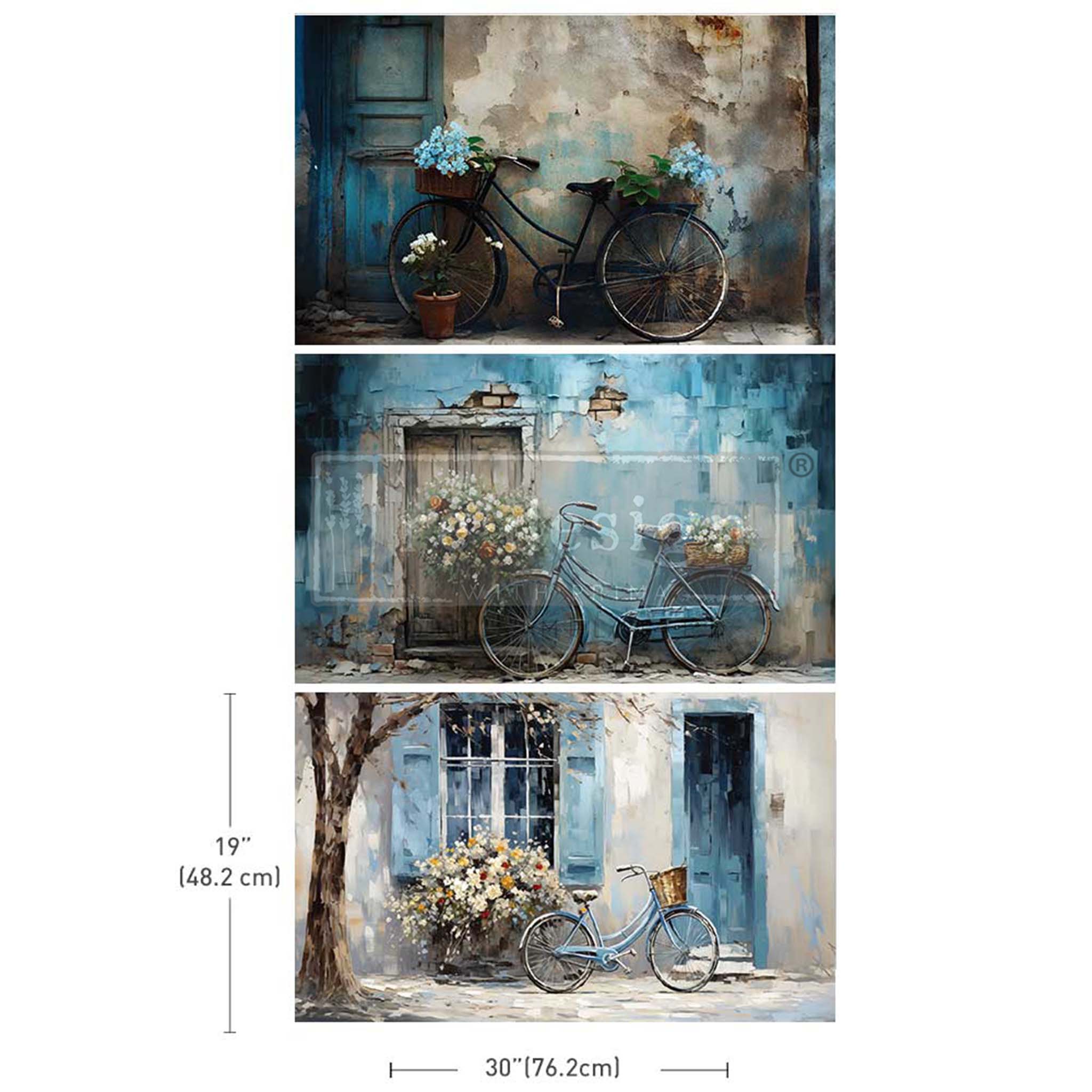 Tissue paper designs that feature 3 charming designs of blue bicycles against romantic home scenes. White borders surround the 3 papers with measurements showing 19" (48.2 cm) by 30" (76.2 cm) for 1 sheet.