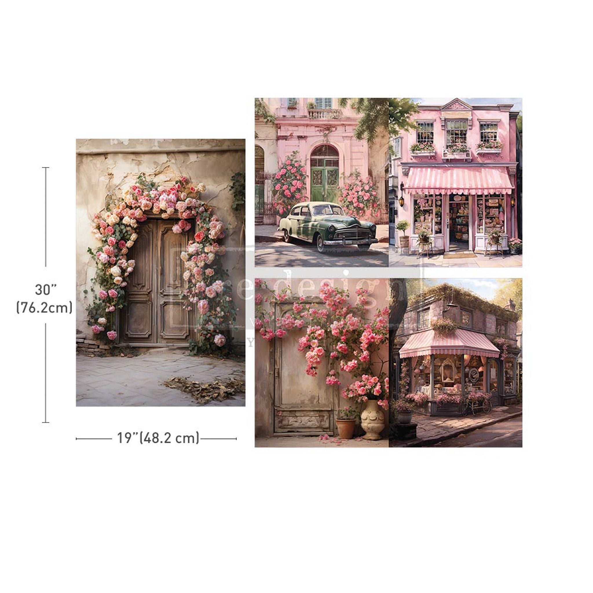 3 sheets of ReDesign with Prima's Blush Blossom Boulevard tissue paper featuring colorful flower designs, quaint homes, and vintage storefronts against a white background. Measurements for 1 sheet reads 30" (76.2 cm) by 19" (48.2 cm).