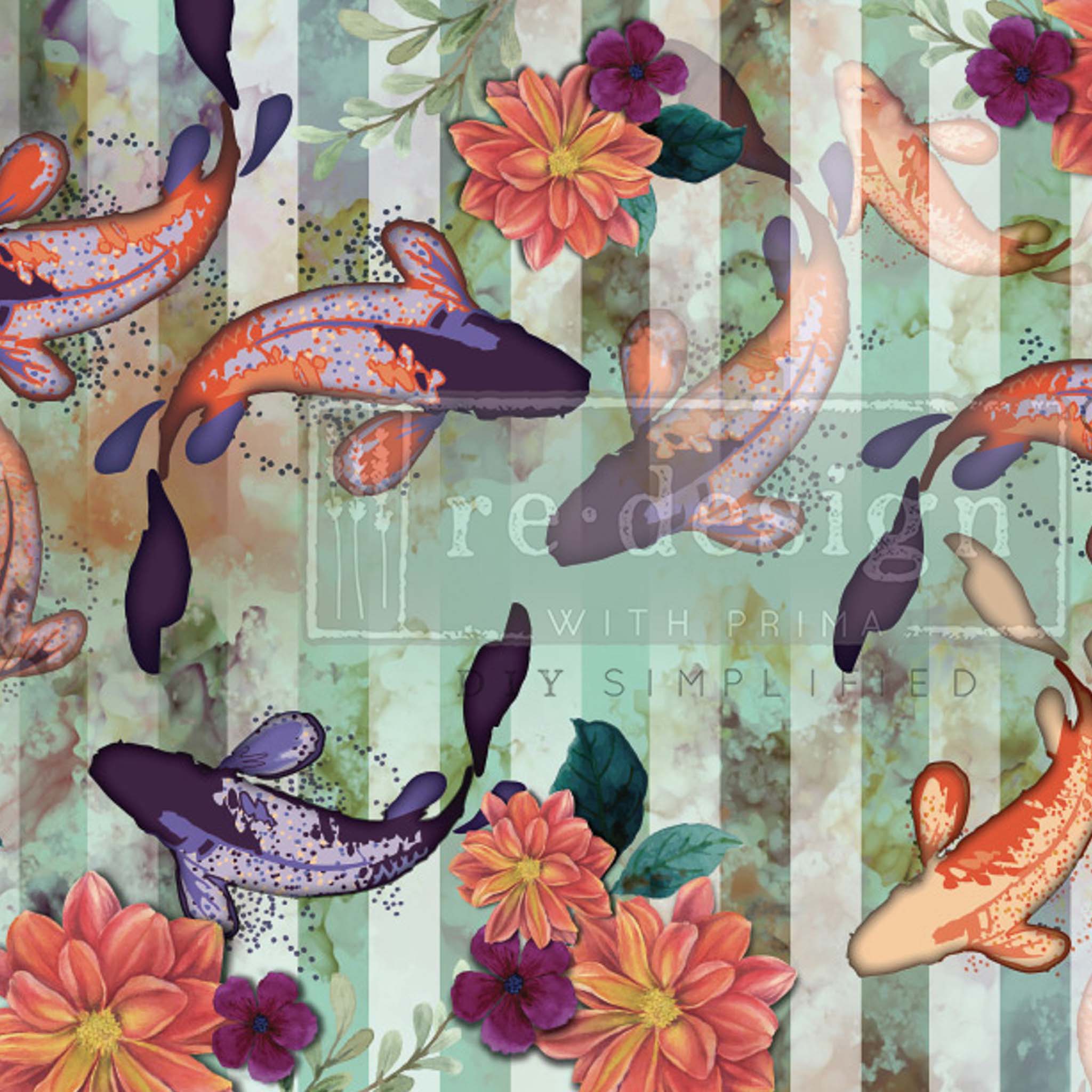 Close-up of a tissue paper design featuring a playful striped background and whimsical images of koi fish swimming among water lilies.