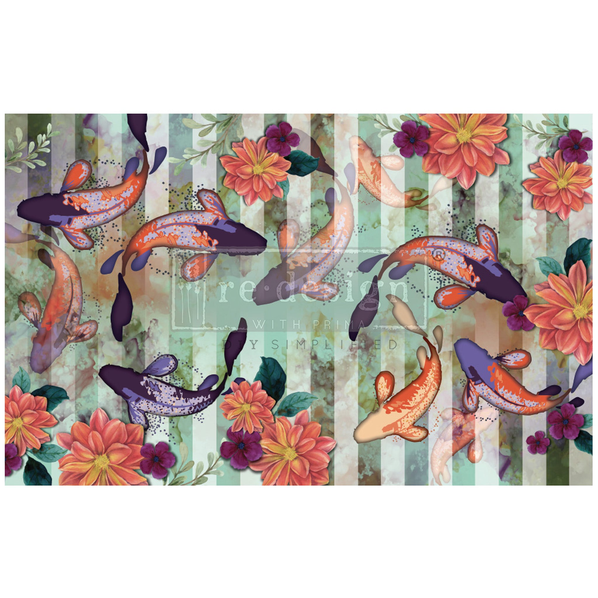 Tissue paper design featuring a playful striped background and whimsical images of koi fish swimming among water lilies.