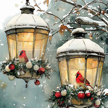 Two lanterns with glowing lights, cardinal birds, and Christmas decorations against a snowy background.