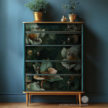 A 5-drawer chest dresser features ReDesign with Prima's Emerald Elegance A1 Fiber paper on the front.