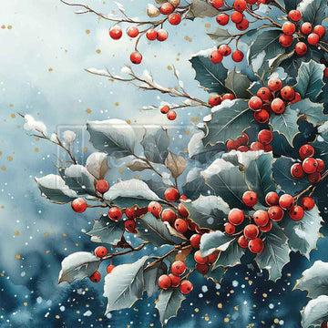 Decorative image of holly berries and leaves with a snowy background