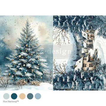 Winter scene with decorated tree and snowy landscape, featuring a house and trees.