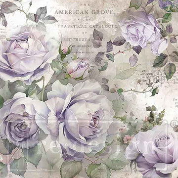 Close-up of a fiber paper design featuring beautiful purple roses and soft sage greenery on a vintage document.