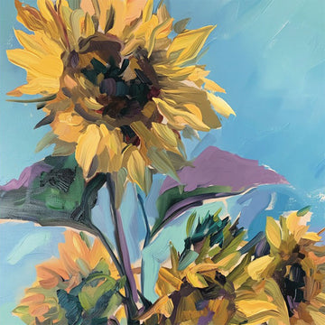 Close-up of an A1 fiber paper featuring a painting of large bold sunflowers blooming against a beautiful blue sky.