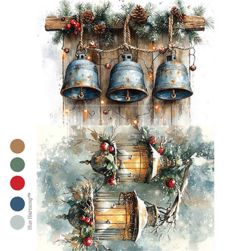 Decorative paper with rustic bells and lanterns on a wooden background.