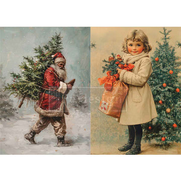 Two vintage-style Christmas images featuring Santa Claus and a child with a tree.