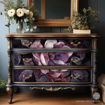 A vintage large 3-drawer dresser features ReDesign with Prima's Violet Blooms A1 Fiber paper on its drawers.