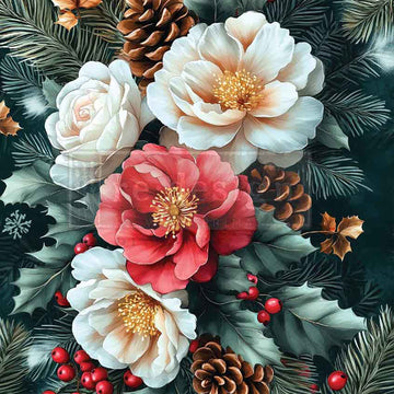 Decorative arrangement of flowers, pine cones, and leaves on a dark background
