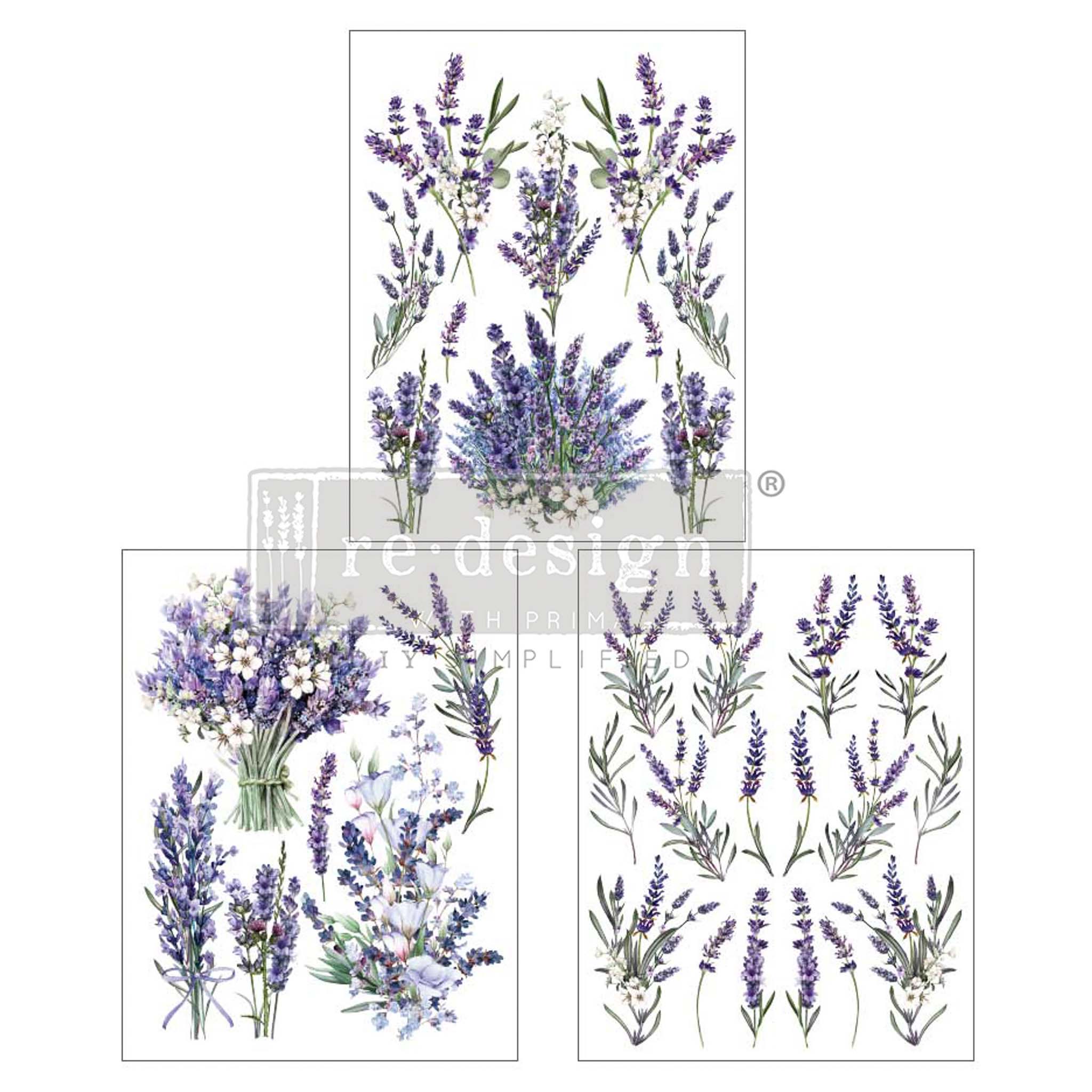 Three sheets of a small rub-on transfer design of bouquets and loose stems of fragrant lavender flowers.