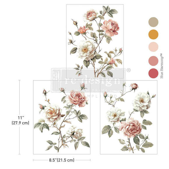 Three sheets of ReDesign with Prima's Creamy Blush Blooms small rub-on transfers are against a white background with 5 matching color samples. Measurements for 1 sheet reads: 11" (27.9 cm) by 8.5" (21.5 cm).