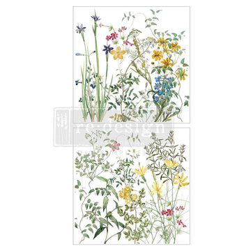 Two sheets of small rub-on transfers featuring clusters of wildflowers in vibrant shades of yellow, blue, purple, and pink are against a white background.