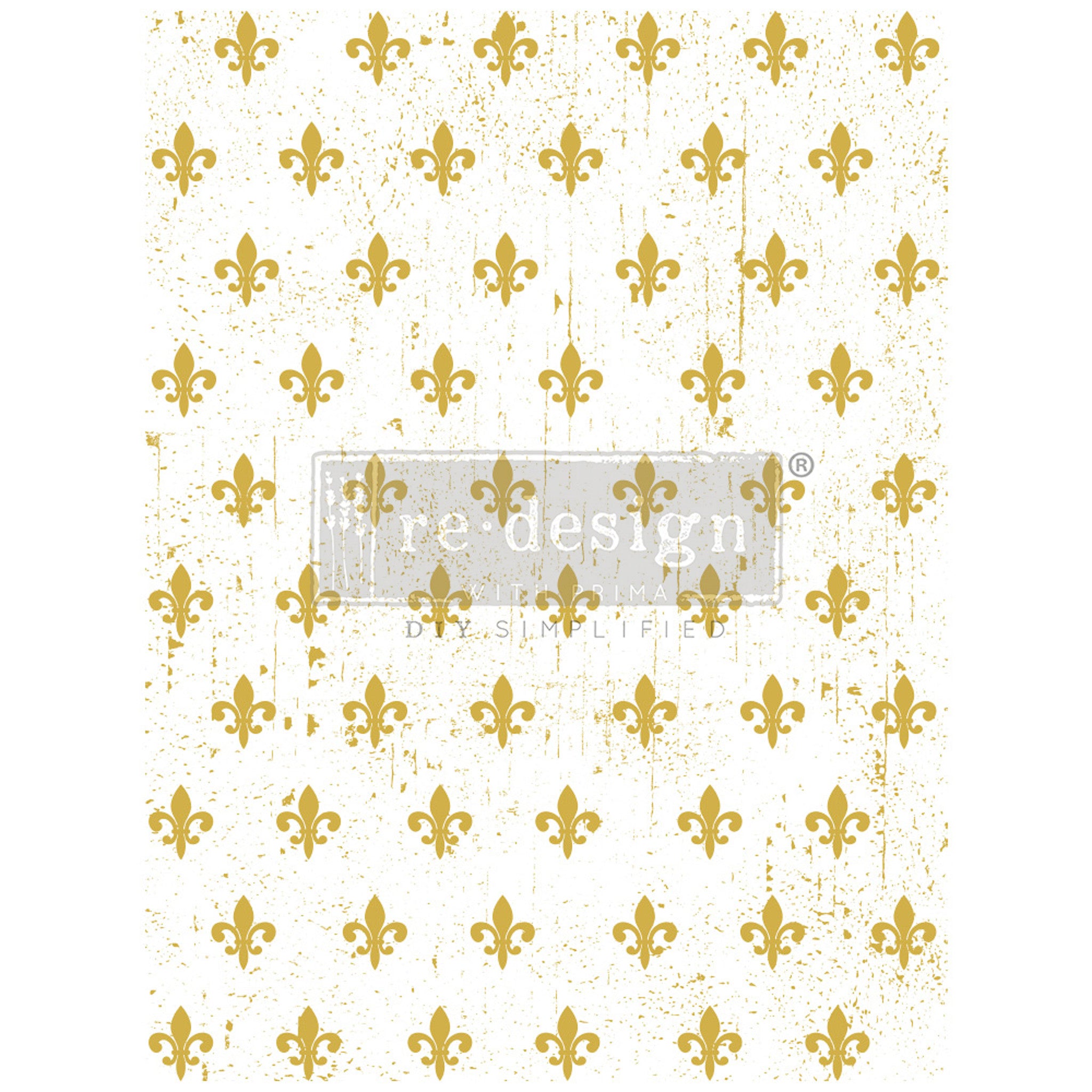 Rub-on transfer design that features a repeating pattern of gold foil Fleur de Lis.