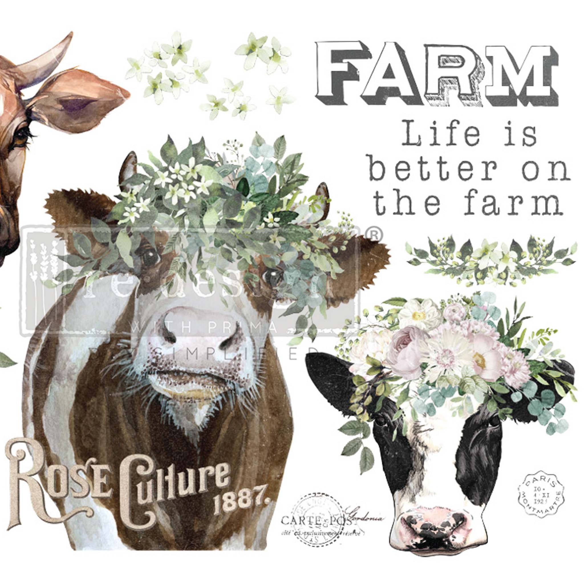 Close-up of a rub-on transfer design featuring two cows wearing floral crowns and a cow with a heart adorning her forehead, along with charming flower bouquets and farm-inspired quotes.