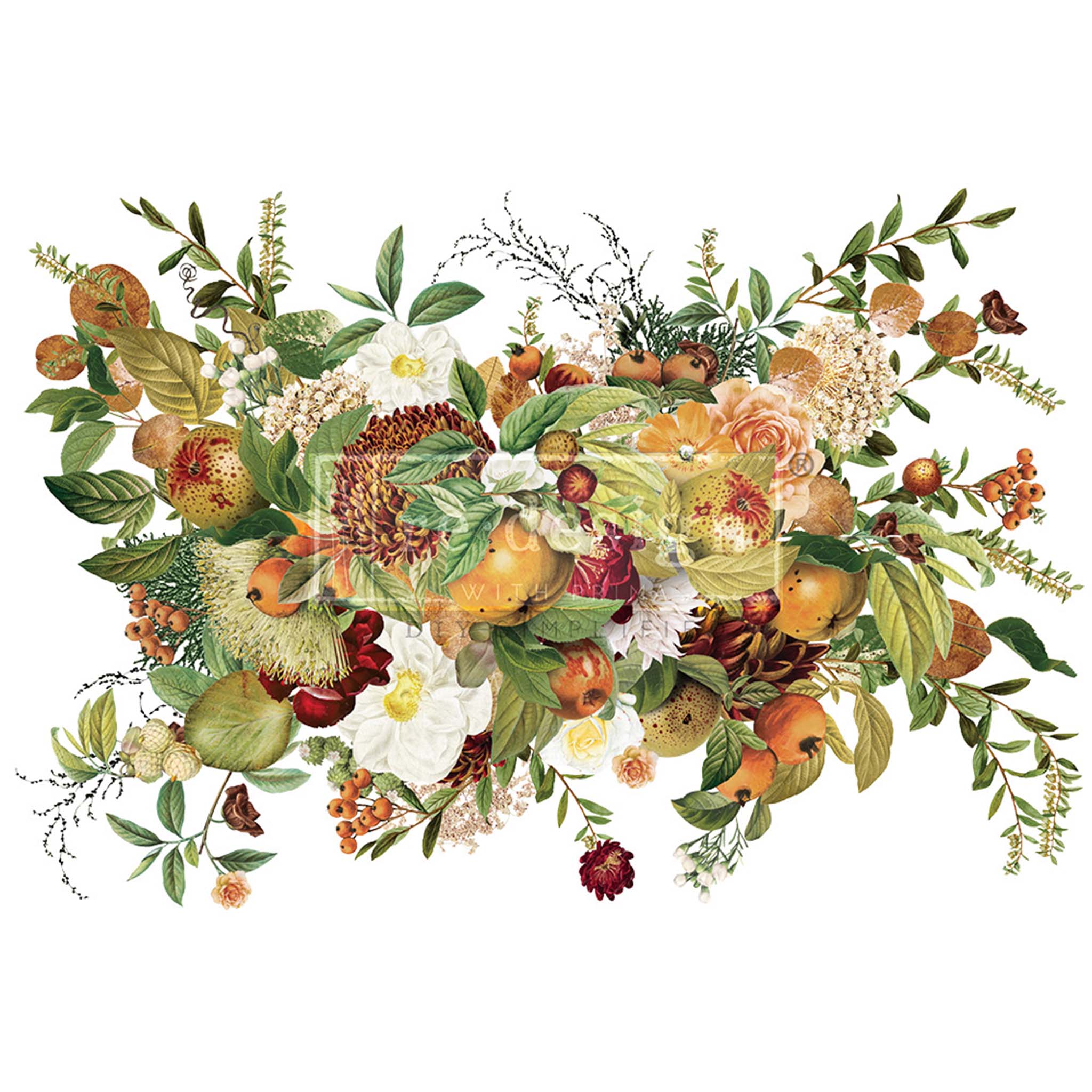 A rub-on transfer of an autumn bouquet in shades of rust, peach, and burgundy with a scattering of greenery is against a white background.