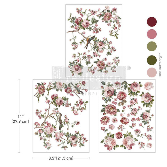 Three sheets of ReDesign with Prima's Kacha The Enchanted Grove small rub-on transfers are against a white background with 5 matching color samples. Measurements for 1 sheet reads 11" (27.9 cm) y 8.5" (21.5 cm)
