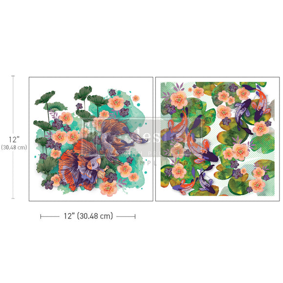 Two sheets of rub-on transfers featuring colorful koi and Siamese fighting fish surrounded by lily pads and orange and purple flowers. Measurements for 1 sheet reads 12" (30.48 cm) by 12" (30.48 cm).