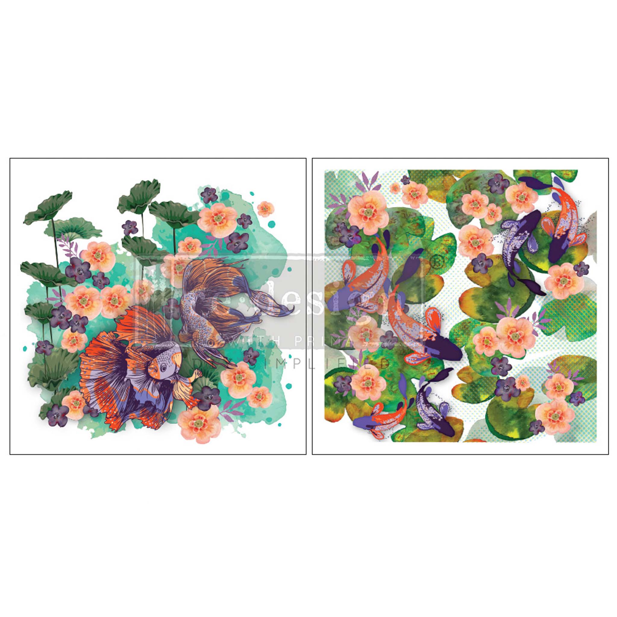 Two sheets of rub-on transfers featuring colorful koi and Siamese fighting fish surrounded by lily pads and orange and purple flowers.