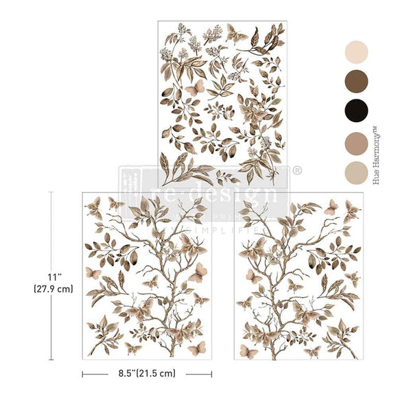 Three sheets of ReDesign with Prima's Quiet Contemplation are against a white background with 5 color samples to the right. Measurements for 1 sheet reads: 11" (27.9 cm) x 8.5" (11.5 cm)