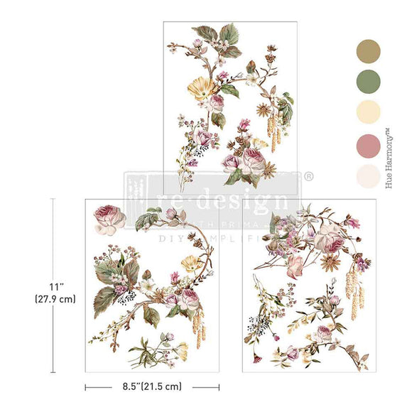 Three sheets of ReDesign with Prima's Rosette Royale rub-on middy transfers are against a white background with 5 color samples to the right. Measurements for 1 sheet reads: 11" (27.9 cm) x 8.5" (21.5 cm).