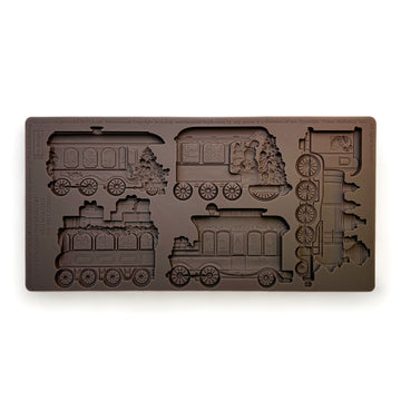 A brown silicone mold and featuring 5 holiday train cars is against a white background.