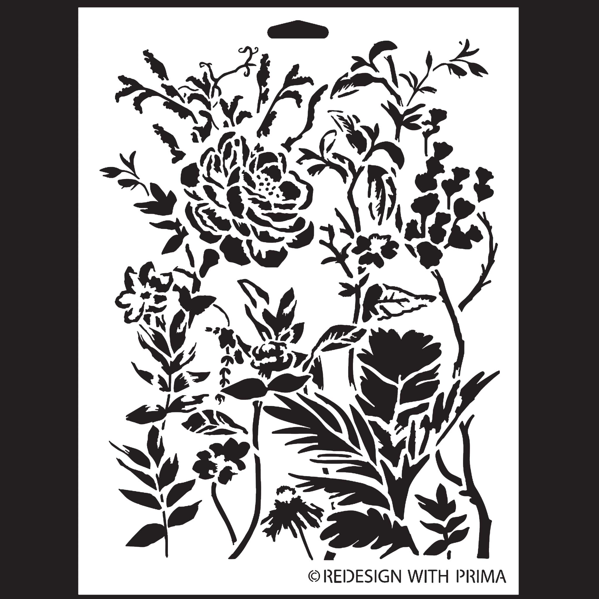 A white stencil against a black background of a delicate floral design that features small blossoms and large roses.