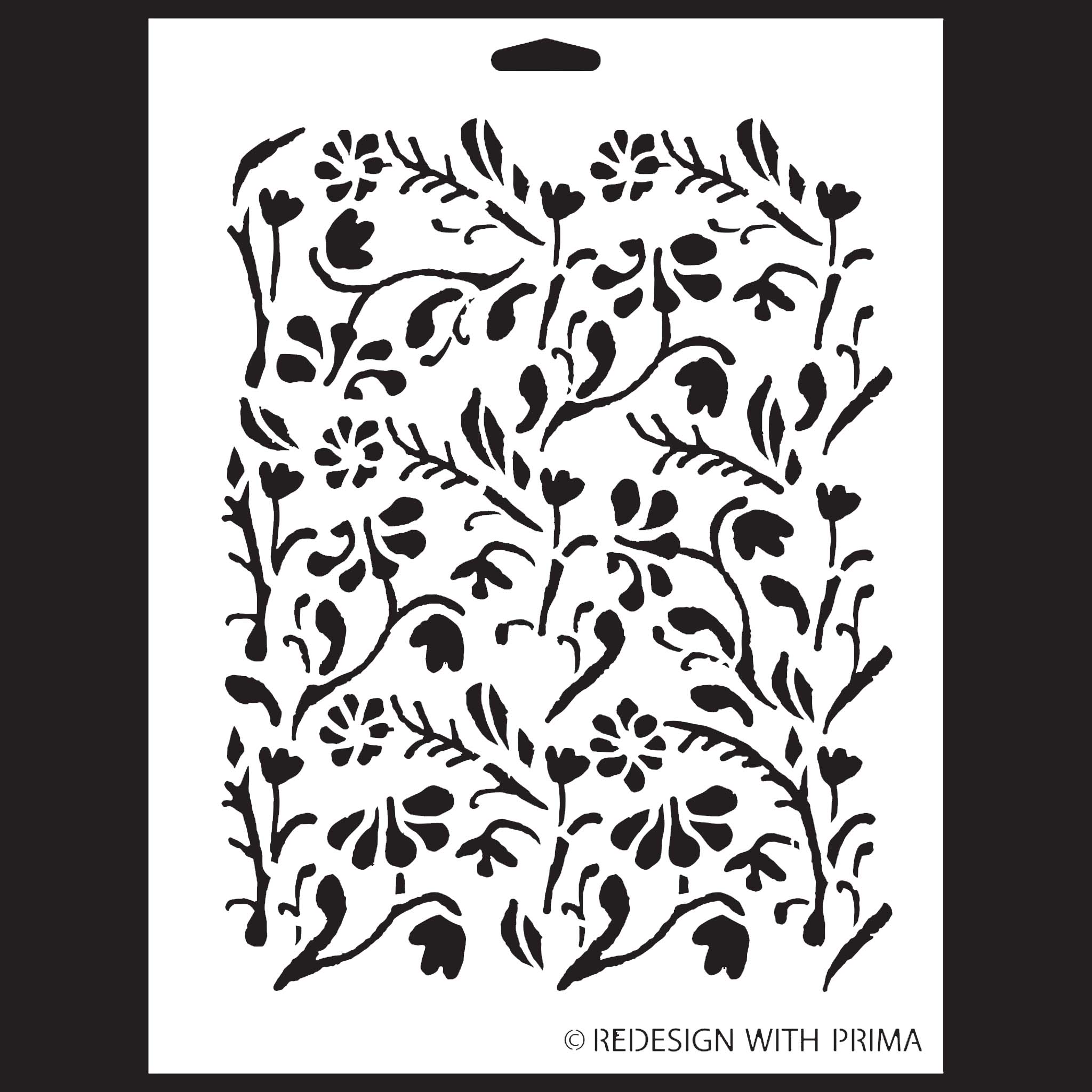 A white stencil against a black background that features a dainty floral design.