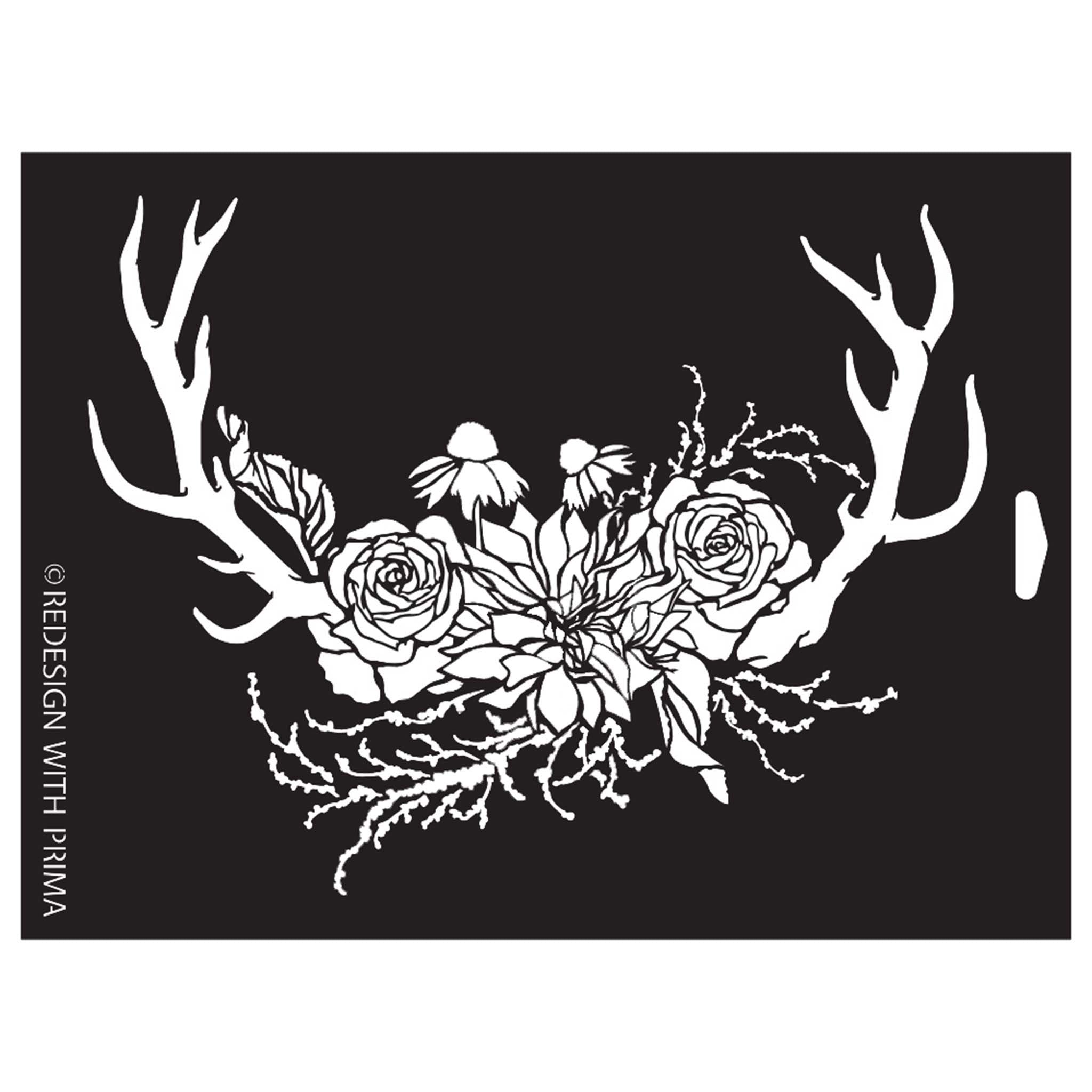A stencil featuring detailed deer antlers with a crown of flowers nestled at the base is against a white background.