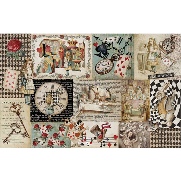 Tissue paper design featuring a quirky collage design of harlequins, playing cards, old notes, and vintage Alice in Wonderland characters is against a white background.