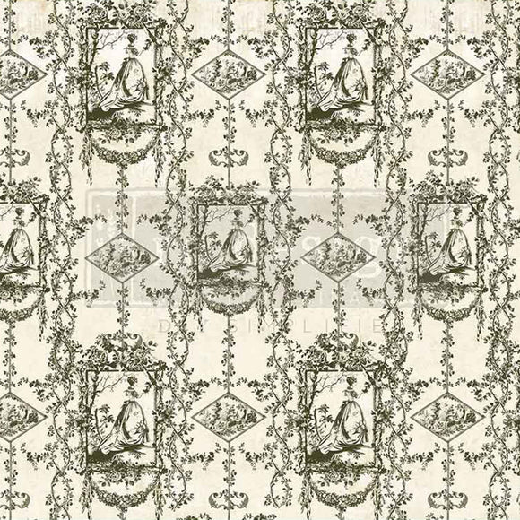 Close-up of a fiber paper featuring an olive green floral pattern against a cream background with a stylish Victorian lady in a grand dress.
