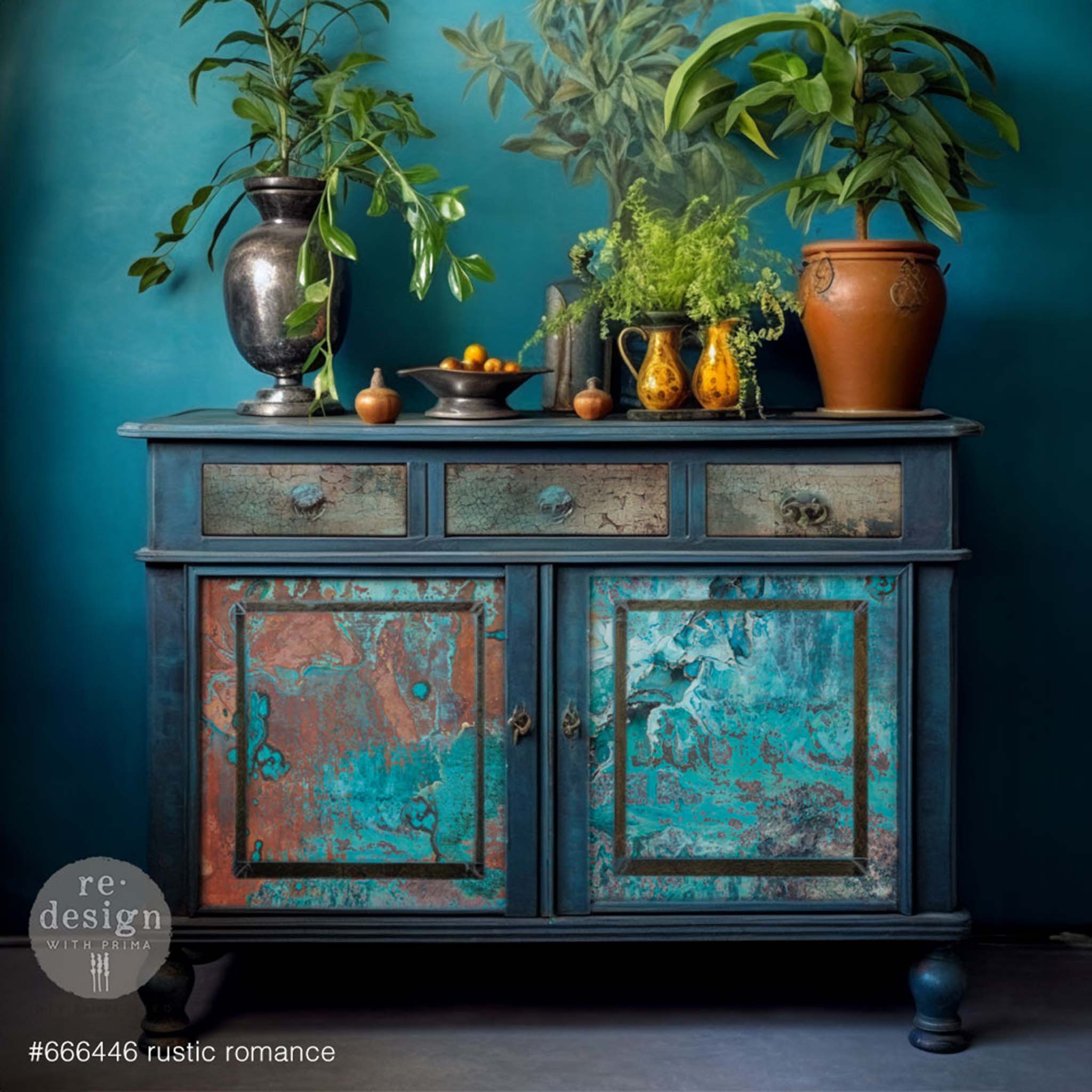 A console table is painted blue and features ReDesign with Prima's Rustic Romance tissue paper on its doors and drawers.