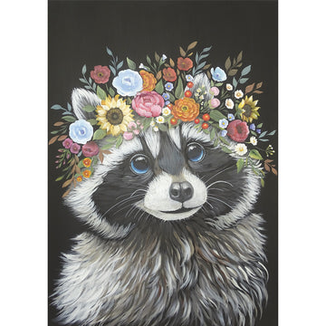 Rice paper design featuring a playful raccoon donning a floral crown and striking blue eyes. White borders are on the sides.