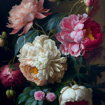 Close-up of a tissue paper design that features a bouquet of large, colorful peonies and dainty pink roses against a dark moody background.