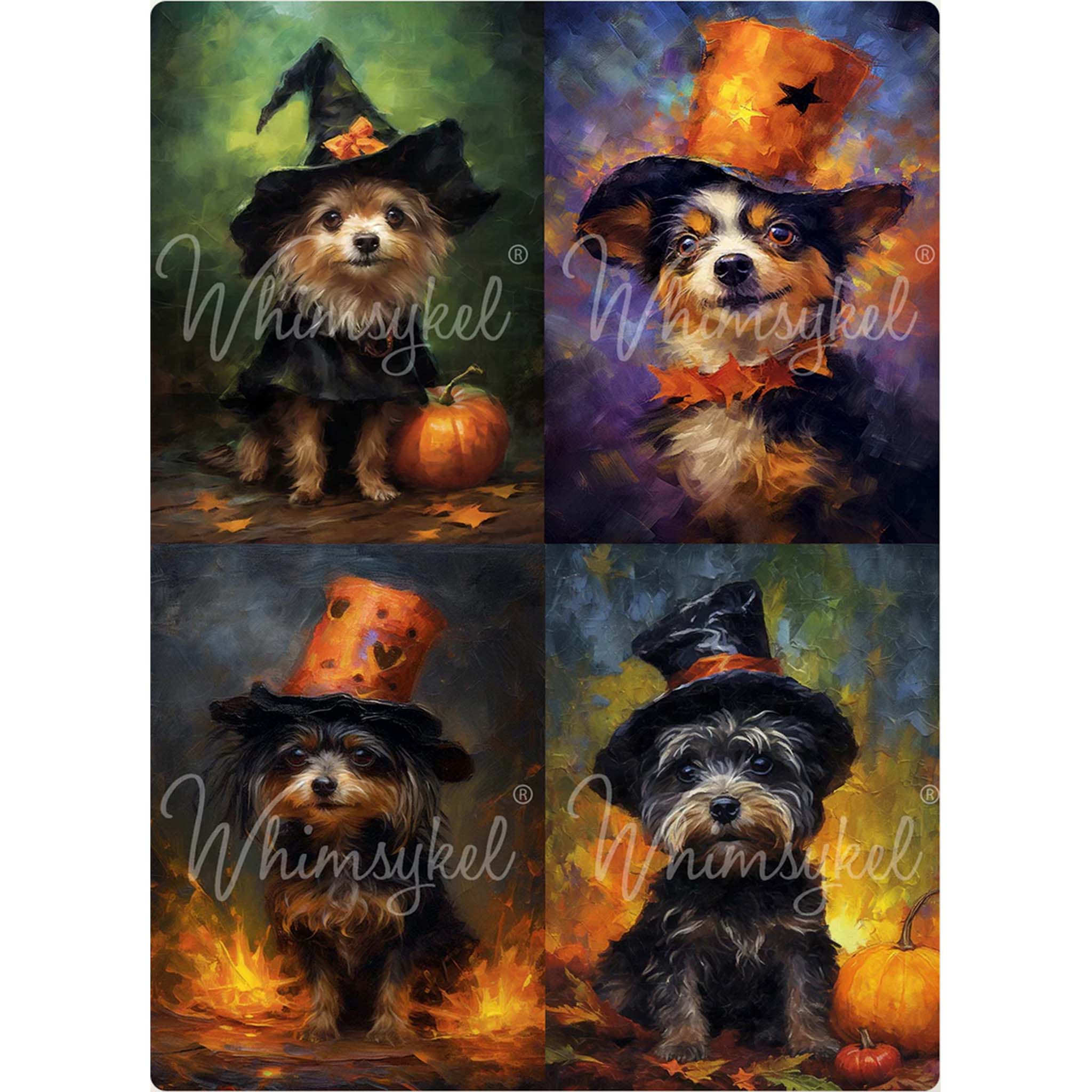 Tissue paper design that features 4 adorable paintings of puppies in Halloween hats and costumes. White borders are on the sides.